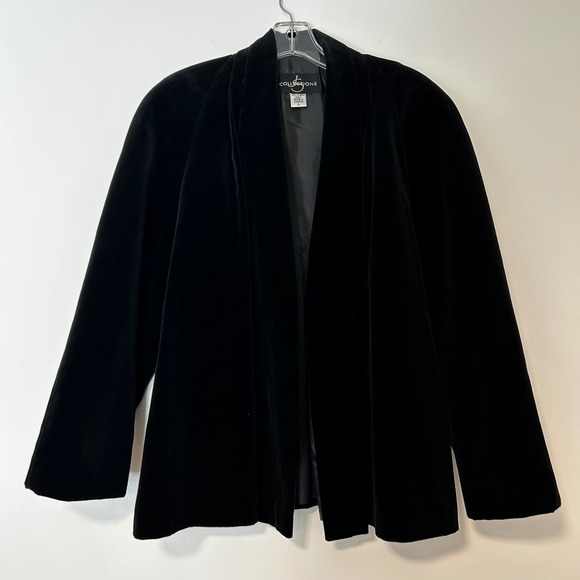 COLLECTIONS Black Velvet Shawl Collar Open Front Jacket Size L Made in Canada - Picture 8 of 8